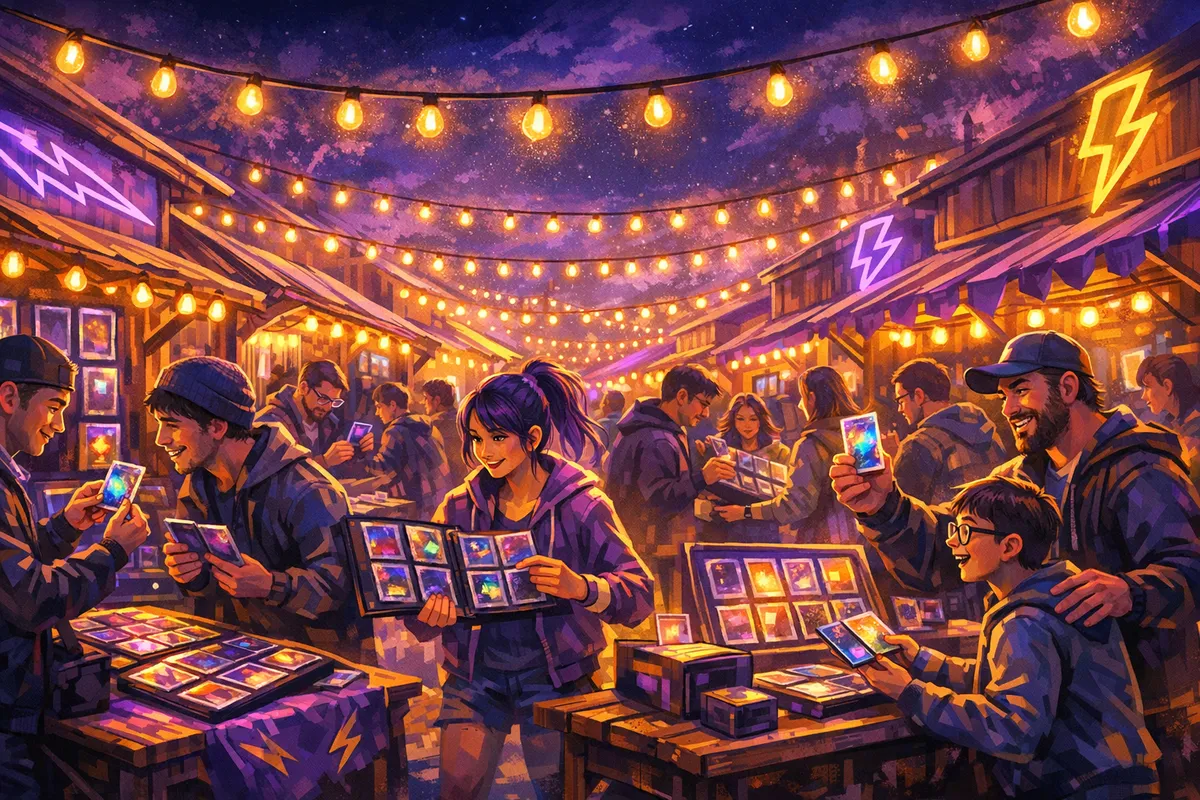 Collectors trading Pokémon cards at the stalls of a night market