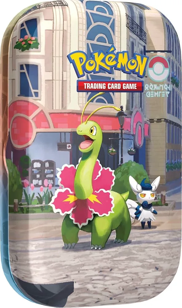 A Lumiose City Mini Tin: Meganium and Meowstic (official product image)