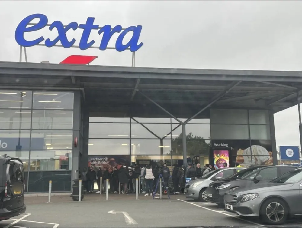 Tesco Extra, Friern Barnet: the queue for an earlier Pokémon drop (Ascended Heroes ex Boxes) at The Entertainer inside