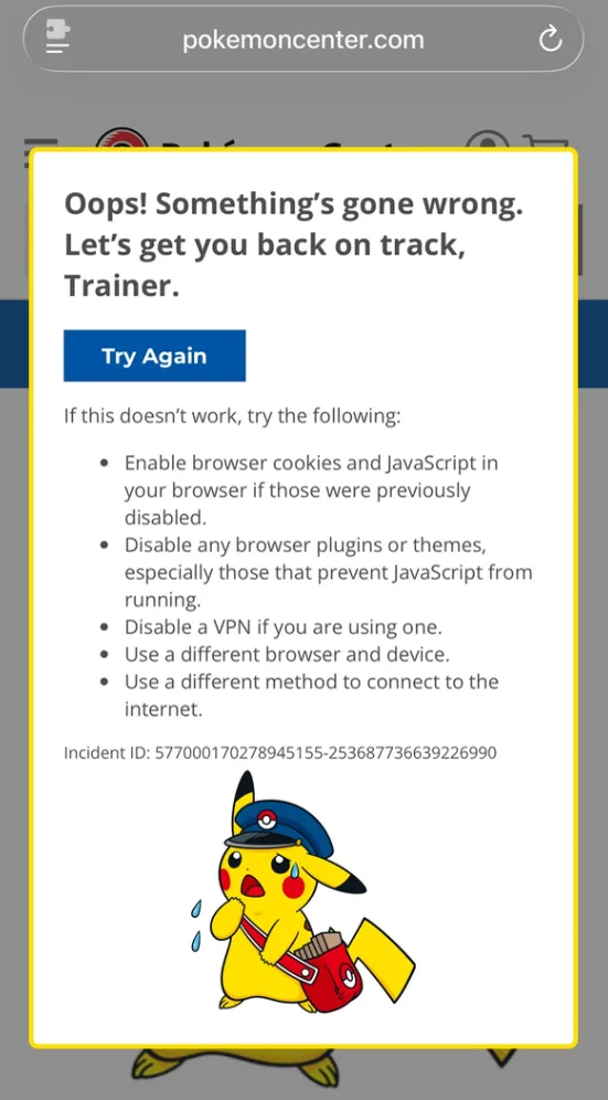 Pokémon Center UK: the “Oops, something went wrong” error page