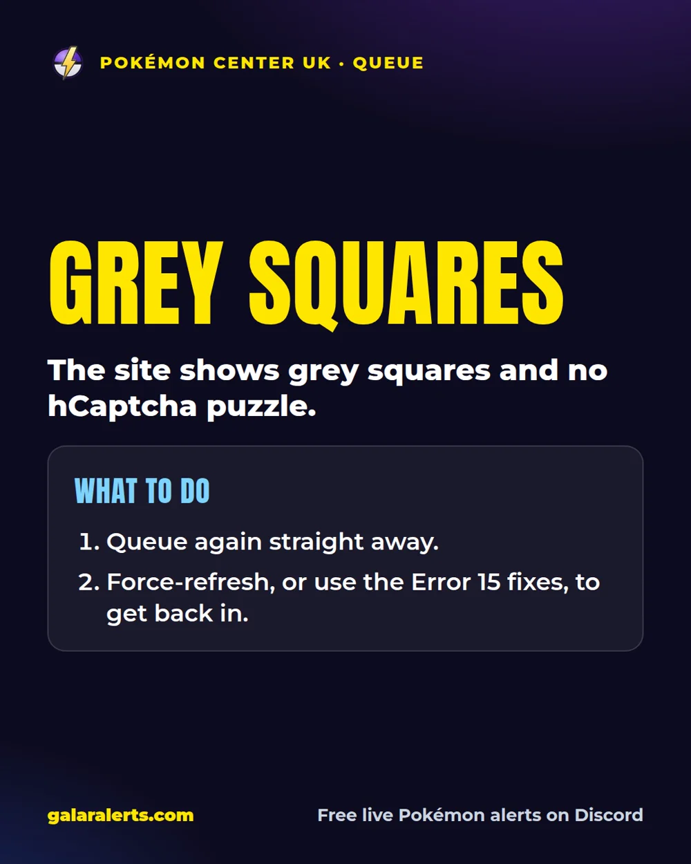 Pokémon Center UK grey squares with no hCaptcha puzzle: what to do (Galar Alerts guide card)