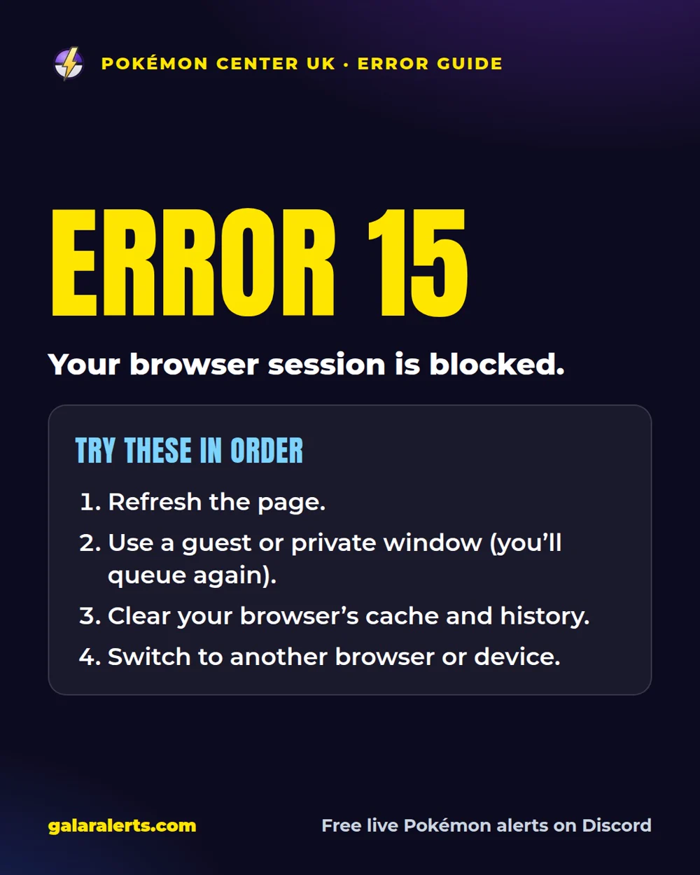 Pokémon Center UK Error 15: your browser session is blocked, and how to fix it (Galar Alerts guide card)
