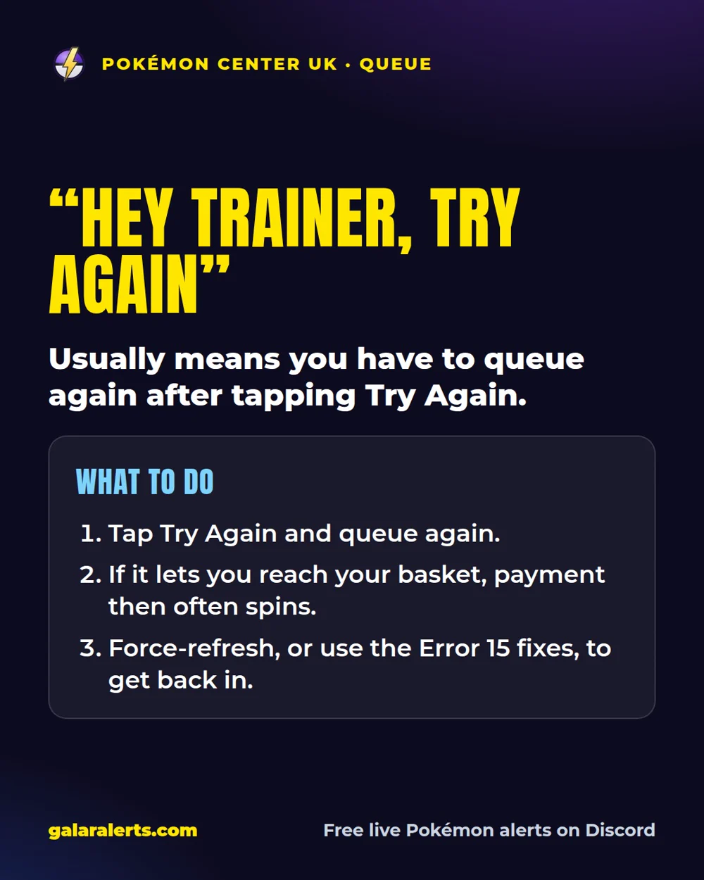 Pokémon Center UK “Hey Trainer, Try Again”: what it means and what to do (Galar Alerts guide card)