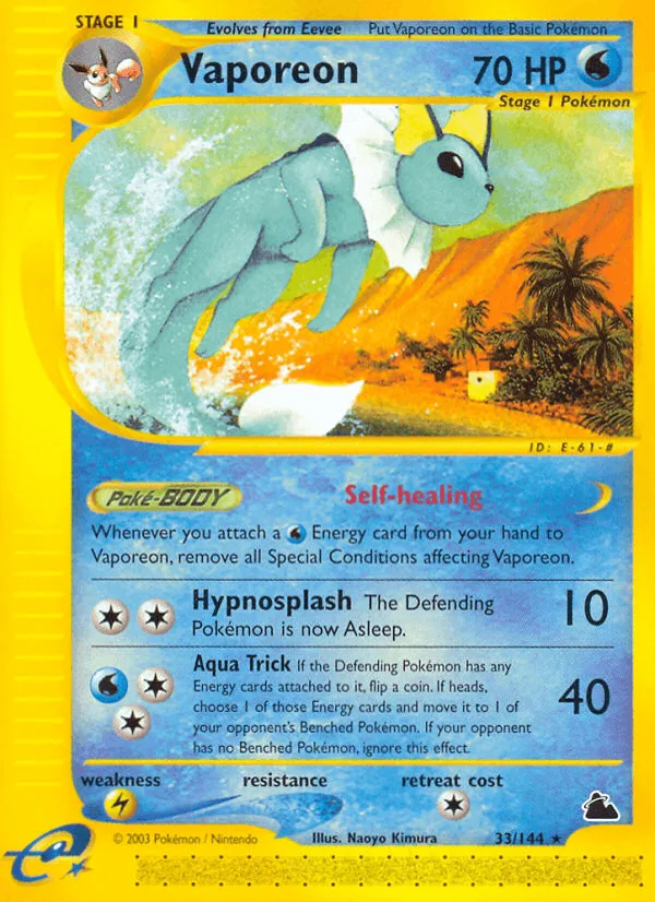Skyridge Vaporeon Pokémon card: a Pristine 10 copy also sold at the same Goldin auction, for $56,120 (the card's artwork, not the graded copy)