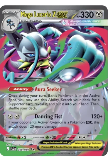 Mega Lucario Z ex, the English card (Flowing Fists 058/080), as shown in the report